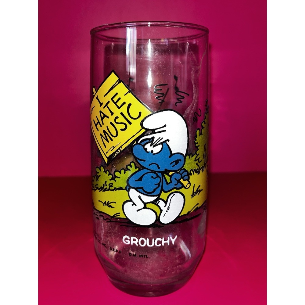 Vintage GROUCHY‎ Smurf Peyo Wallace Berrie 1982 Drinking Glass Cup Tumbler